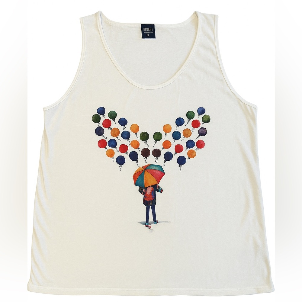 Uniti Casuals Women’s Balloon & Umbrella Graphic Tank Top – Size M
